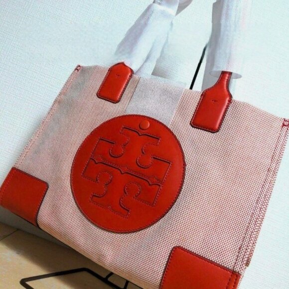 TORY BURCH Handbag Ella Vermilion Canvas x Leather Big Logo Genuine Product - Picture 2 of 11